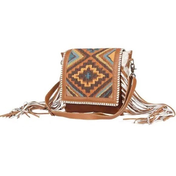 MYRA BAG Boho Southwestern Leather Fringe Hairon Hide Crossbody Bag - Picture 5 of 7